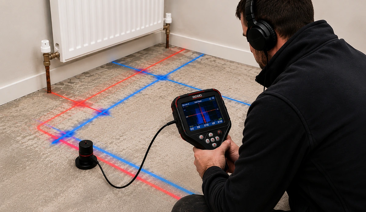 Mapped heating and water pipe routes beneath a finished floor